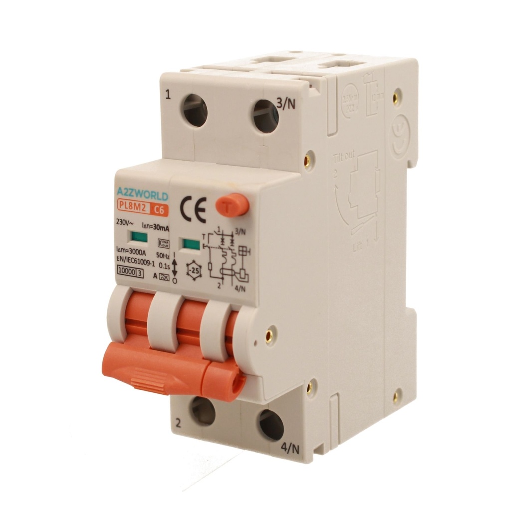 A2ZWORLD RCBO Interruttore Magnetotermico Differenziale Con Doppia Leva Tipo A Curva C 2P 2M 6000A 30mA, Diagnostica Visiva, C6A  AC 230V IP20 IEC61009-1 PL8M2