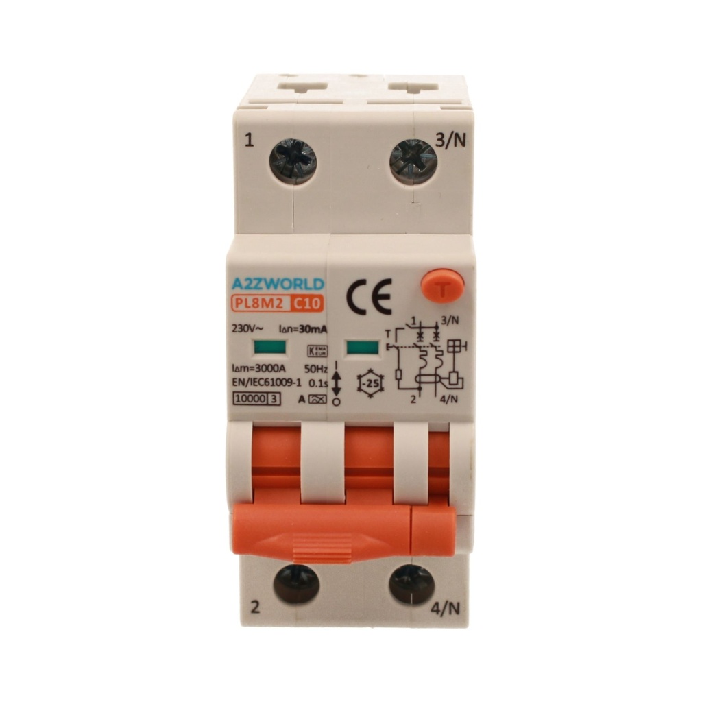 A2ZWORLD RCBO Interruttore Magnetotermico Differenziale Con Doppia Leva Tipo A Curva C 2P 2M 6000A 30mA, Diagnostica Visiva, C10A  AC 230V IP20 IEC61009-1 PL8M2