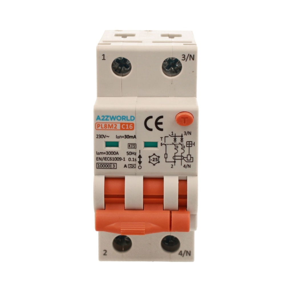 A2ZWORLD RCBO Interruttore Magnetotermico Differenziale Con Doppia Leva Tipo A Curva C 2P 2M 6000A 30mA, Diagnostica Visiva, C16A  AC 230V IP20 IEC61009-1 PL8M2