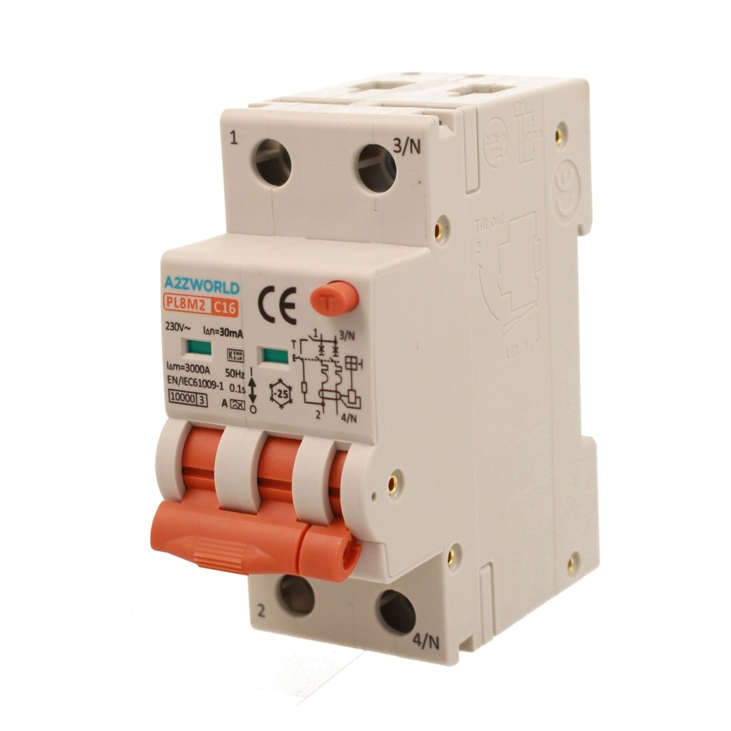 A2ZWORLD RCBO Interruttore Magnetotermico Differenziale Con Doppia Leva Tipo A Curva C 2P 2M 6000A 30mA, Diagnostica Visiva, C16A  AC 230V IP20 IEC61009-1 PL8M2
