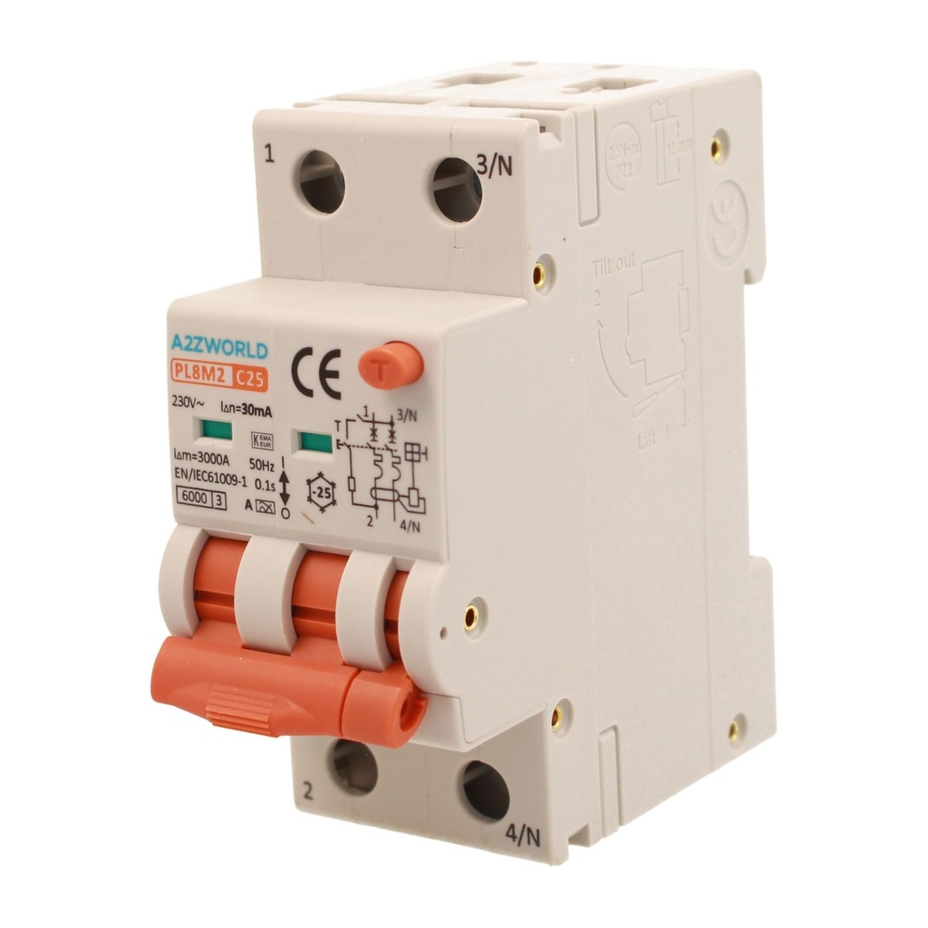 A2ZWORLD RCBO Interruttore Magnetotermico Differenziale Con Doppia Leva Tipo A Curva C 2P 2M 6000A 30mA, Diagnostica Visiva, C25A  AC 230V IP20 IEC61009-1 PL8M2 GB65325