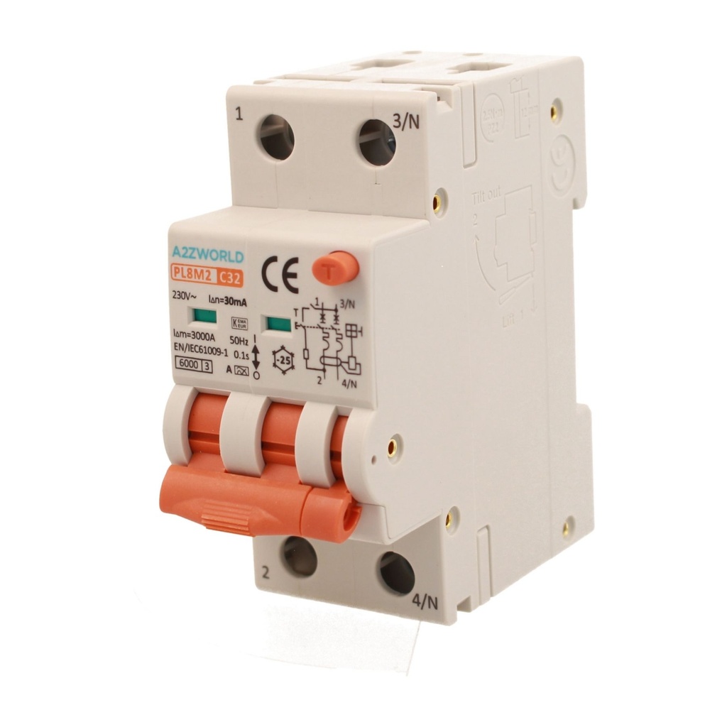 A2ZWORLD RCBO Interruttore Magnetotermico Differenziale Con Doppia Leva Tipo A Curva C 2P 2M 6000A 30mA, Diagnostica Visiva, C32A  AC 230V IP20 IEC61009-1 PL8M2 GB65332