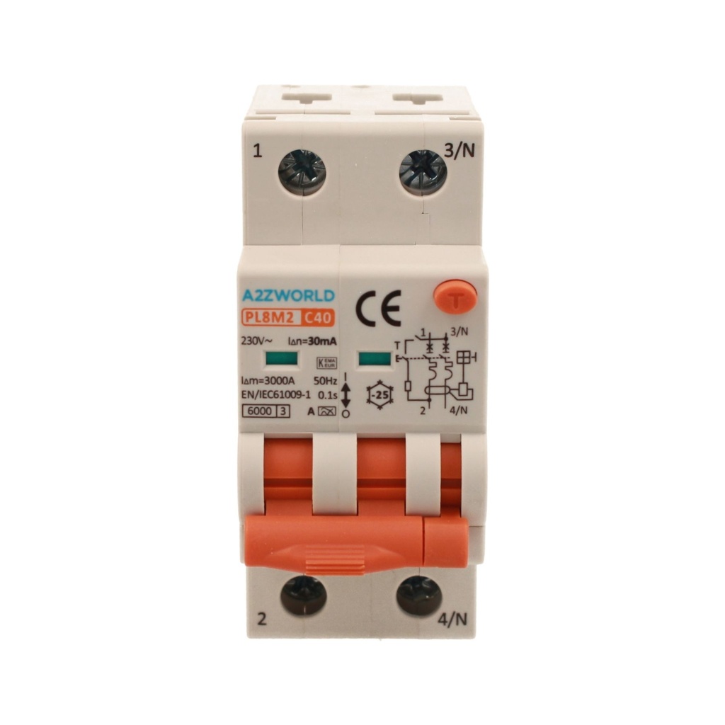 A2ZWORLD RCBO Interruttore Magnetotermico Differenziale Con Doppia Leva Tipo A Curva C 2P 2M 6000A 30mA, Diagnostica Visiva, C40A  AC 230V IP20 IEC61009-1 PL8M2