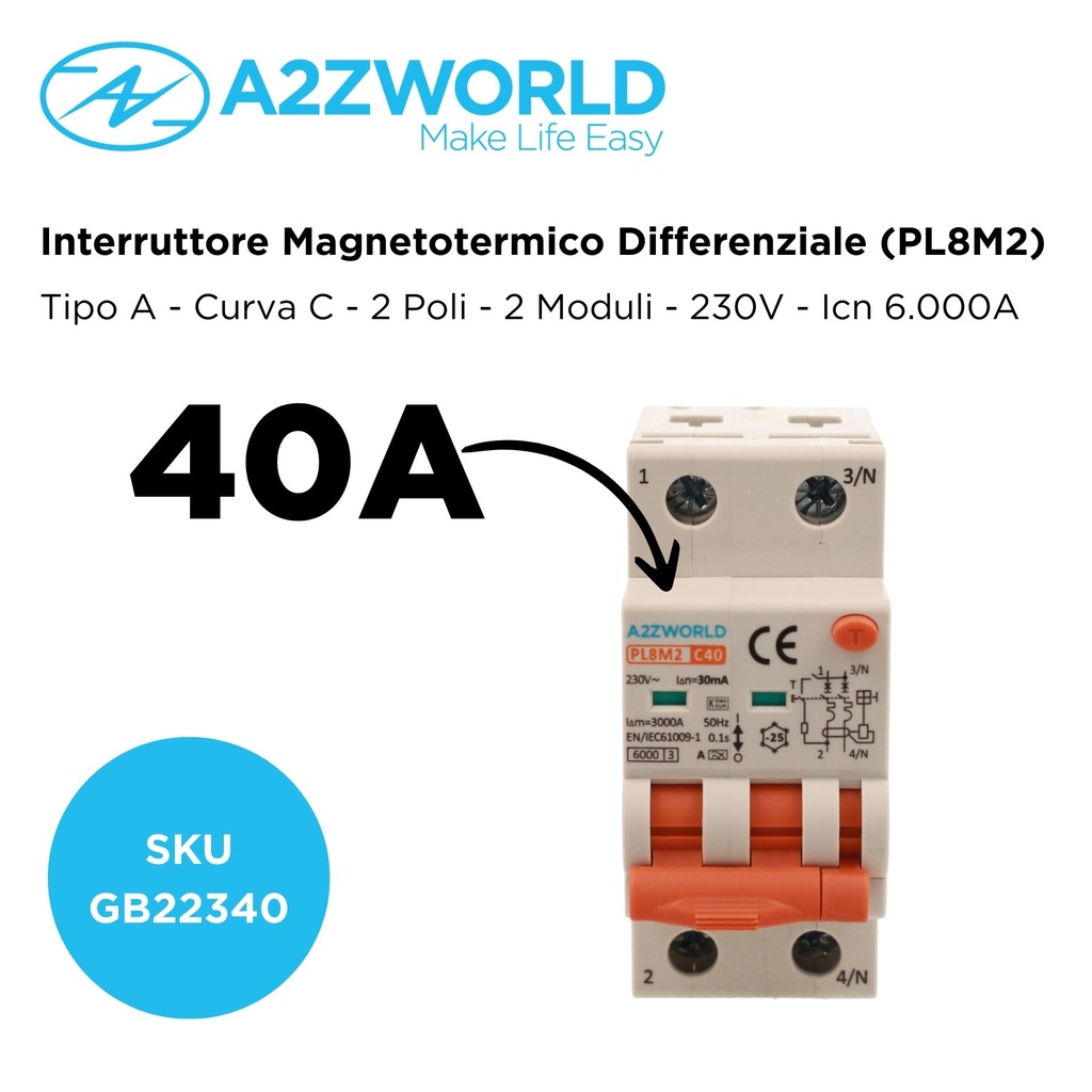 RCBO Interruttore Magnetotermico Differenziale Con Doppia Leva Tipo A Curva C 2P 2M 6000A 30mA, Diagnostica Visiva, C40A  AC 230V IP20 IEC61009-1 PL8M2