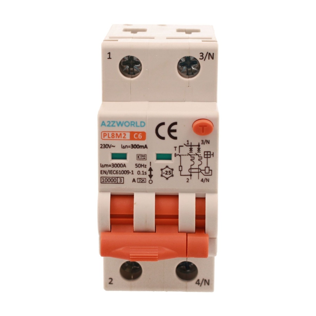 A2ZWORLD RCBO Interruttore Magnetotermico Differenziale Con Doppia Leva Tipo A Curva C 2P 2M 6000A 300mA, Diagnostica Visiva, C6A  AC 230V IP20 IEC61009-1 PL8M2 GB65606