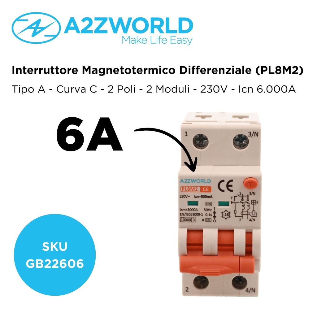 RCBO Interruttore Magnetotermico Differenziale Con Doppia Leva Tipo A Curva C 2P 2M 6000A 300mA, Diagnostica Visiva, C6A  AC 230V IP20 IEC61009-1 PL8M2 GB65606