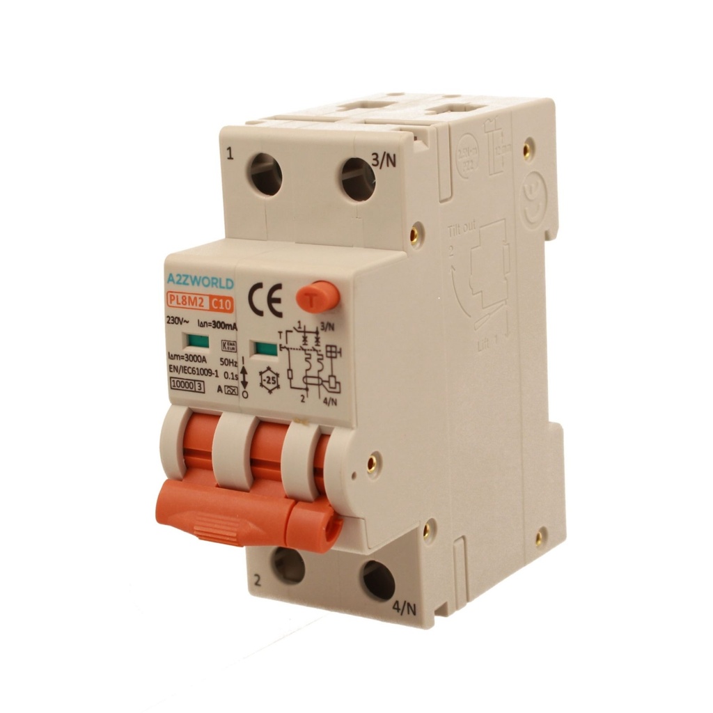 A2ZWORLD RCBO Interruttore Magnetotermico Differenziale Con Doppia Leva Tipo A Curva C 2P 2M 6000A 300mA, Diagnostica Visiva, C10A  AC 230V IP20 IEC61009-1 PL8M2 GB65610