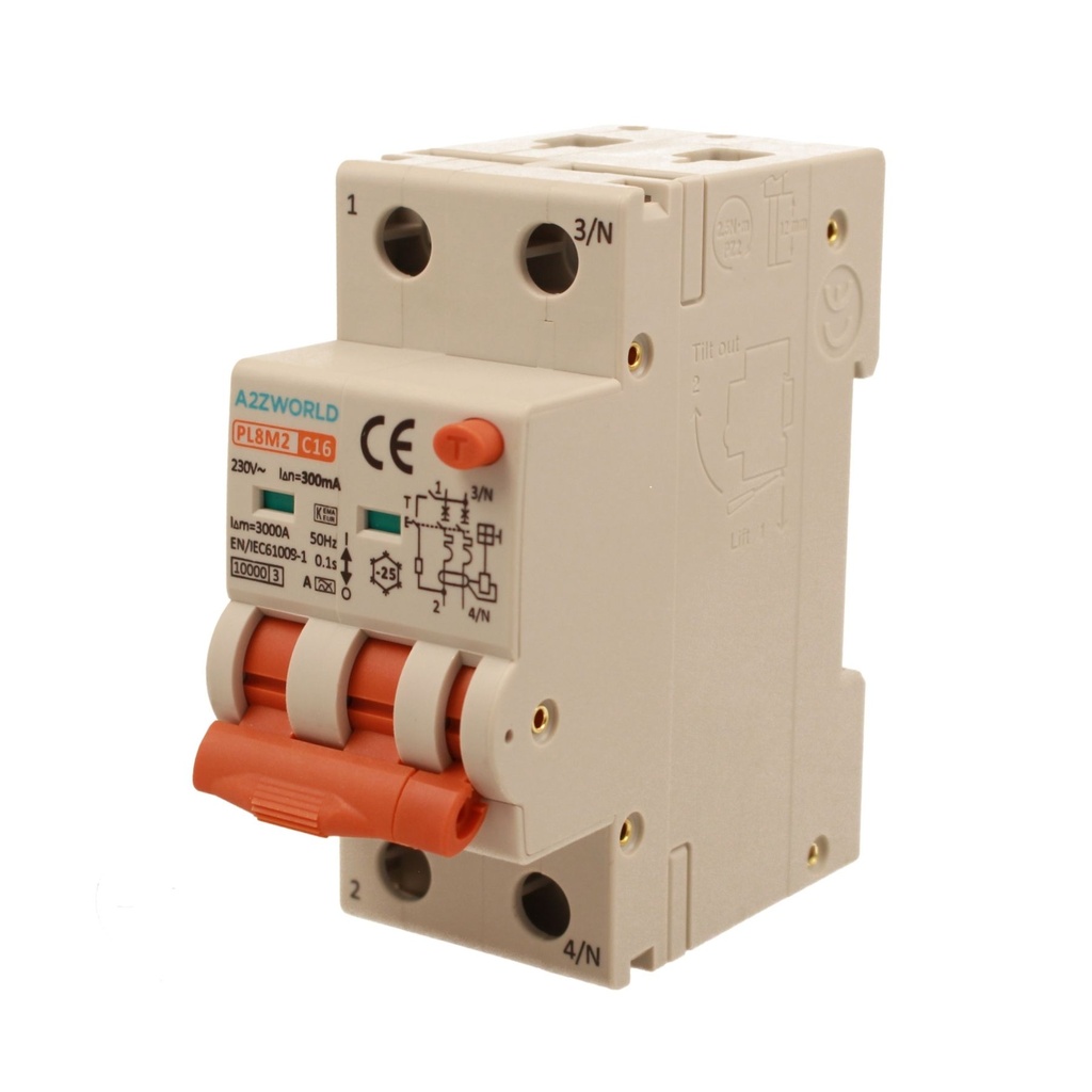 A2ZWORLD RCBO Interruttore Magnetotermico Differenziale Con Doppia Leva Tipo A Curva C 2P 2M 6000A 300mA, Diagnostica Visiva, C16A  AC 230V IP20 IEC61009-1 PL8M2 GB65616