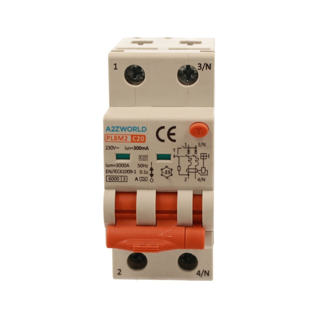 A2ZWORLD RCBO Interruttore Magnetotermico Differenziale Con Doppia Leva Tipo A Curva C 2P 2M 6000A 300mA, Diagnostica Visiva, C20A  AC 230V IP20 IEC61009-1 PL8M2 GB65620