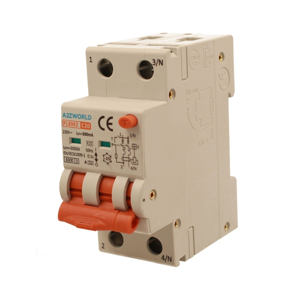 A2ZWORLD RCBO Interruttore Magnetotermico Differenziale Con Doppia Leva Tipo A Curva C 2P 2M 6000A 300mA, Diagnostica Visiva, C20A  AC 230V IP20 IEC61009-1 PL8M2 GB65620