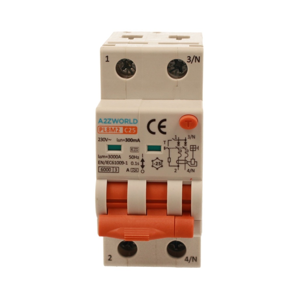 A2ZWORLD RCBO Interruttore Magnetotermico Differenziale Con Doppia Leva Tipo A Curva C 2P 2M 6000A 300mA, Diagnostica Visiva, C25A  AC 230V IP20 IEC61009-1 PL8M2 GB65625