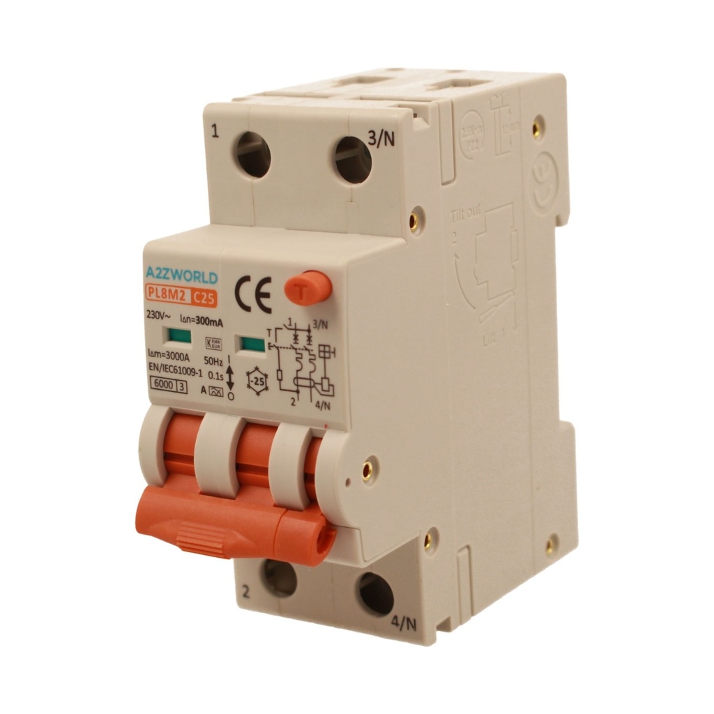 A2ZWORLD RCBO Interruttore Magnetotermico Differenziale Con Doppia Leva Tipo A Curva C 2P 2M 6000A 300mA, Diagnostica Visiva, C25A  AC 230V IP20 IEC61009-1 PL8M2 GB65625
