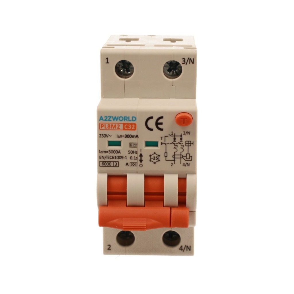A2ZWORLD RCBO Interruttore Magnetotermico Differenziale Con Doppia Leva Tipo A Curva C 2P 2M 6000A 300mA, Diagnostica Visiva, C32A  AC 230V IP20 IEC61009-1 PL8M2 GB65632