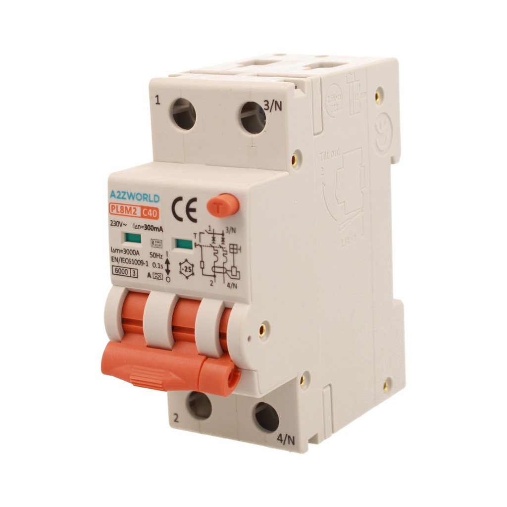 A2ZWORLD RCBO Interruttore Magnetotermico Differenziale Con Doppia Leva Tipo A Curva C 2P 2M 6000A 300mA, Diagnostica Visiva, C40A  AC 230V IP20 IEC61009-1 PL8M2