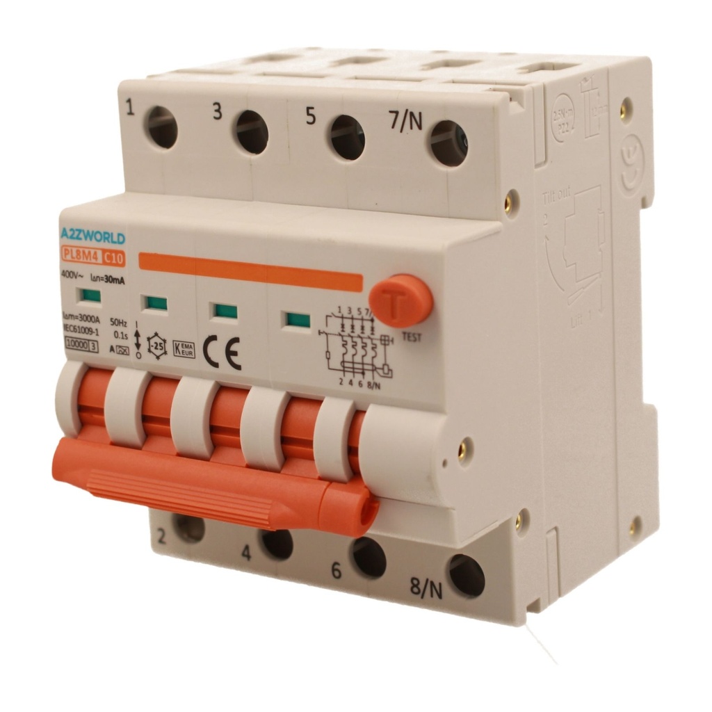 A2ZWORLD RCBO Interruttore Magnetotermico Differenziale Con Doppia Leva Tipo A Curva C 4P 4M 6000A 30mA, Diagnostica Visiva, C10A  AC 400V IP20 IEC61009-1 PL8M4 4P GB66310