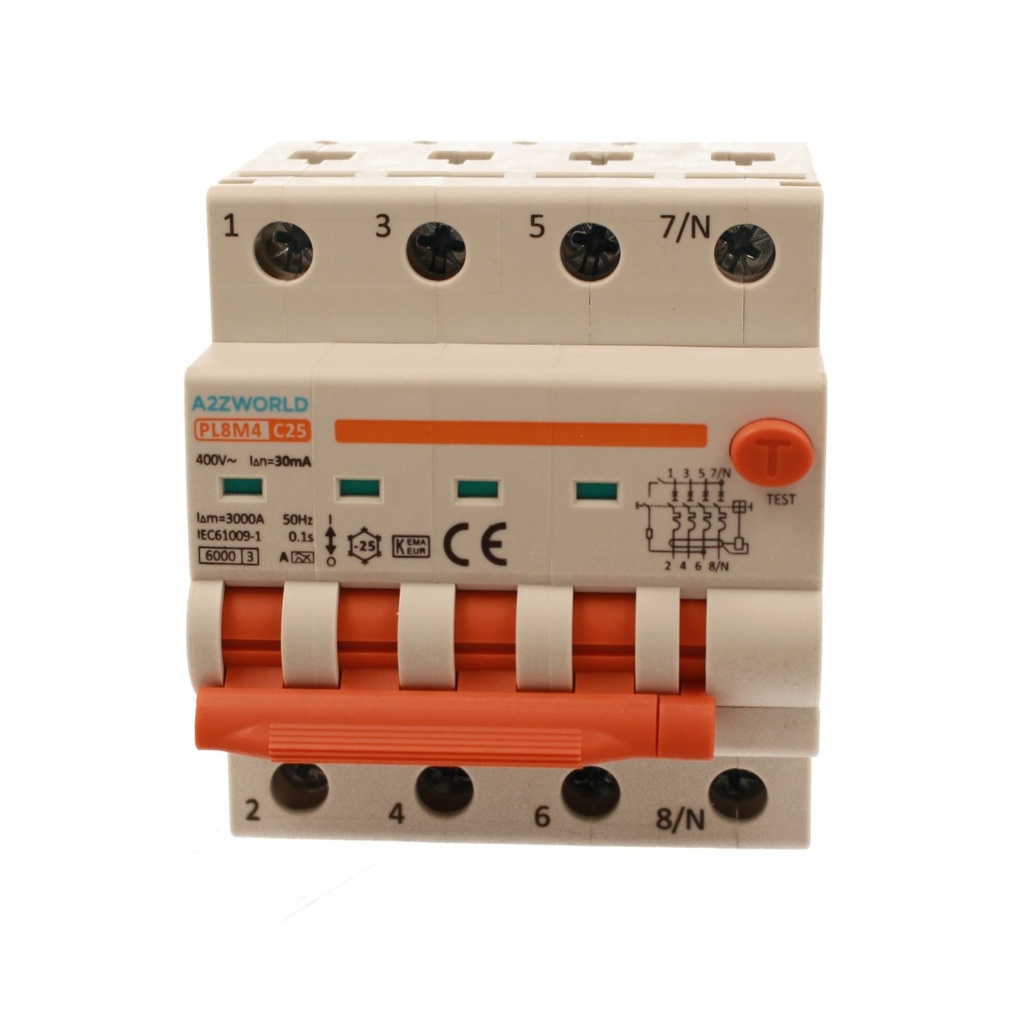 A2ZWORLD RCBO Interruttore Magnetotermico Differenziale Con Doppia Leva Tipo A Curva C 4P 4M 6000A 30mA, Diagnostica Visiva, C25A  AC 400V IP20 IEC61009-1 PL8M4 4P GB66325