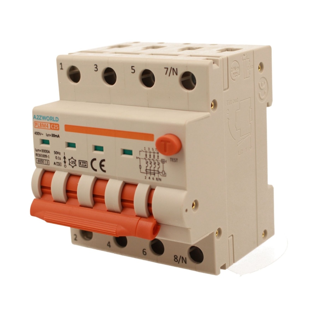 A2ZWORLD RCBO Interruttore Magnetotermico Differenziale Con Doppia Leva Tipo A Curva C 4P 4M 6000A 30mA, Diagnostica Visiva, C25A  AC 400V IP20 IEC61009-1 PL8M4 4P GB66325