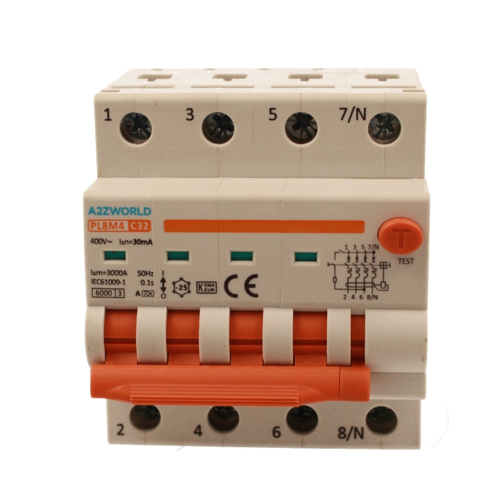 A2ZWORLD RCBO Interruttore Magnetotermico Differenziale Con Doppia Leva Tipo A Curva C 4P 4M 6000A 30mA, Diagnostica Visiva, C32A  AC 400V IP20 IEC61009-1 PL8M4 4P GB66332