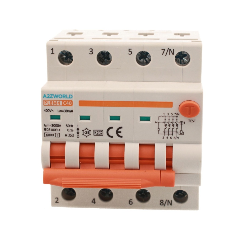 A2ZWORLD RCBO Interruttore Magnetotermico Differenziale Con Doppia Leva Tipo A Curva C 4P 4M 6000A 30mA, Diagnostica Visiva, C40A  AC 400V IP20 IEC61009-1 PL8M4 4P GB66340
