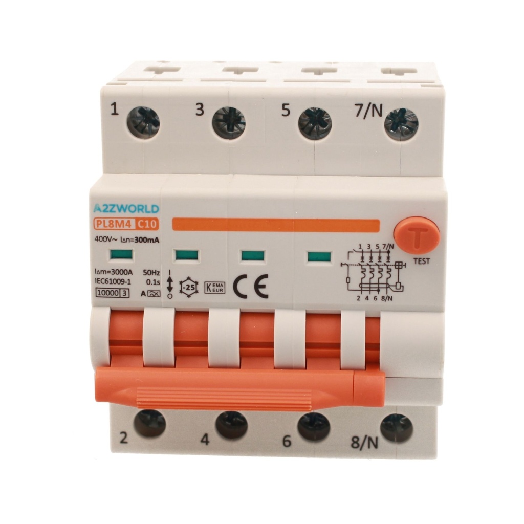 A2ZWORLD RCBO Interruttore Magnetotermico Differenziale Con Doppia Leva Tipo A Curva C 4P 4M 6000A 300mA, Diagnostica Visiva, C10A  AC 400V IP20 IEC61009-1 PL8M4 4P GB66610