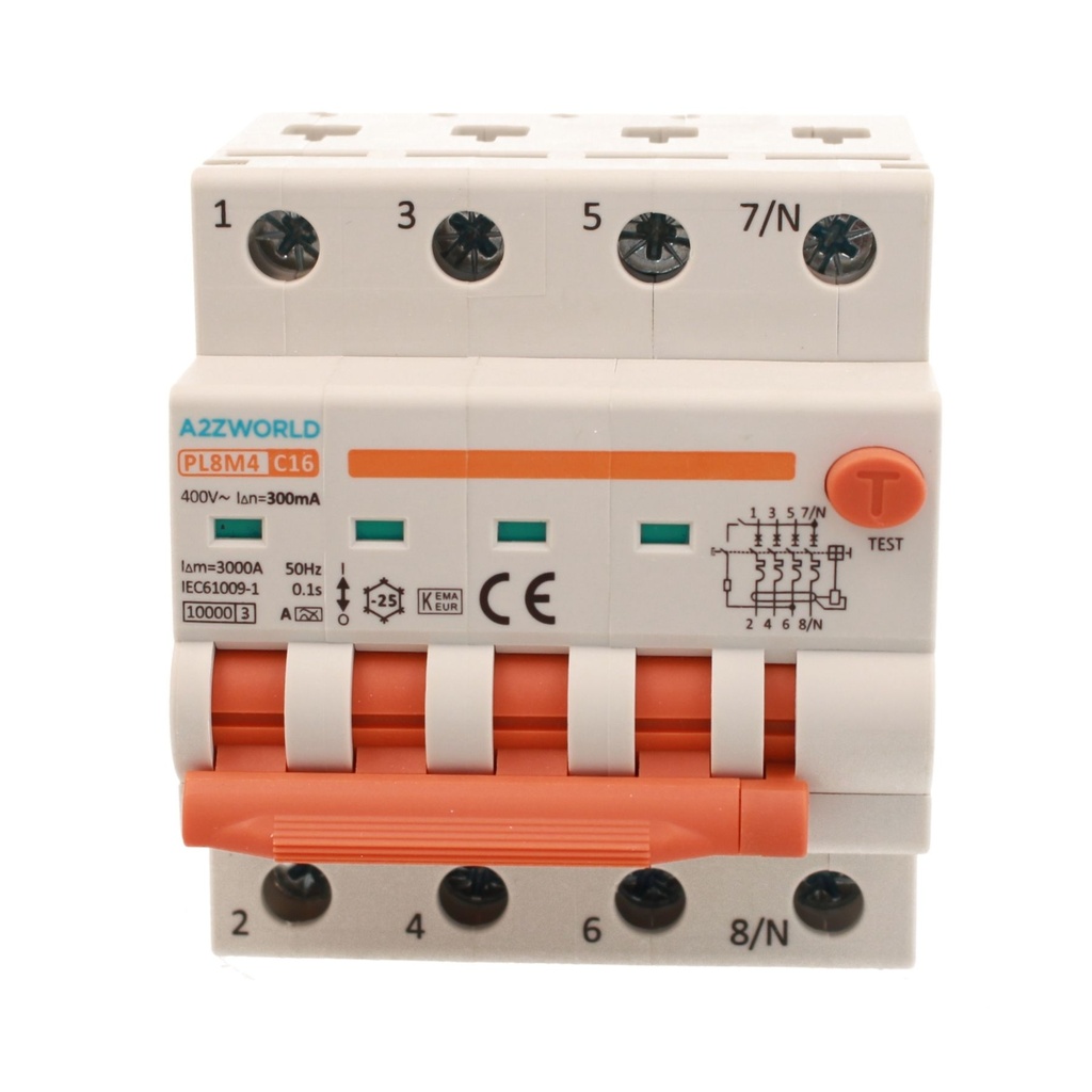 A2ZWORLD RCBO Interruttore Magnetotermico Differenziale Con Doppia Leva Tipo A Curva C 4P 4M 6000A 300mA, Diagnostica Visiva, C16A  AC 400V IP20 IEC61009-1 PL8M4 4P GB66616