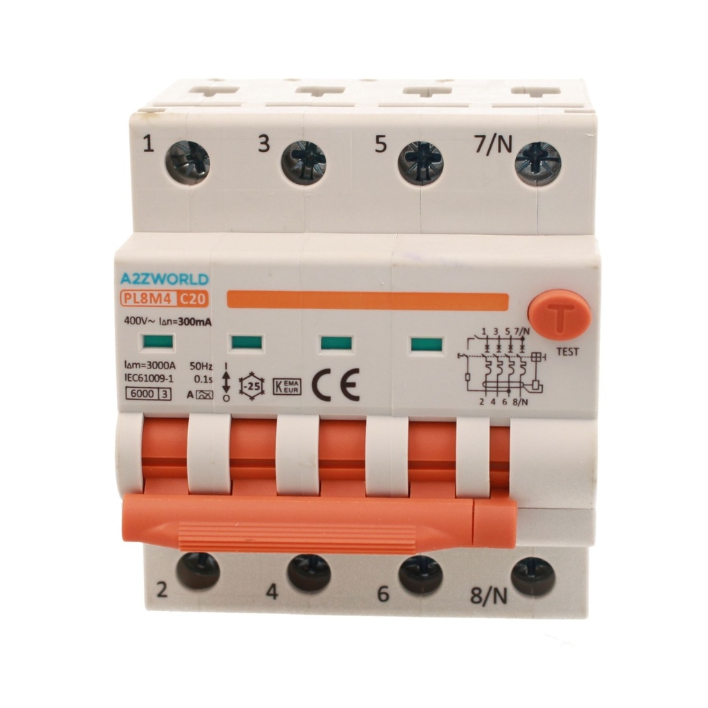 A2ZWORLD RCBO Interruttore Magnetotermico Differenziale Con Doppia Leva Tipo A Curva C 4P 4M 6000A 300mA, Diagnostica Visiva, C20A  AC 400V IP20 IEC61009-1 PL8M4 4P GB66620