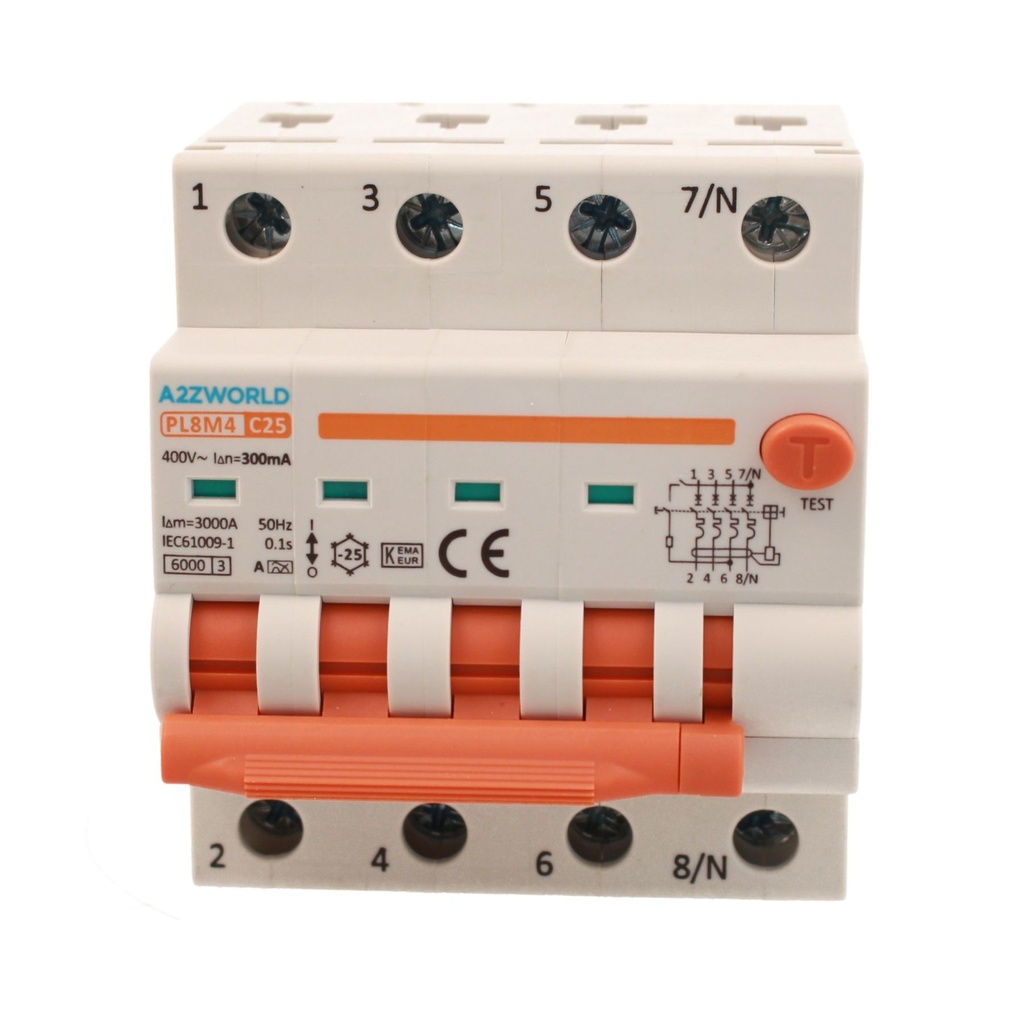 A2ZWORLD RCBO Interruttore Magnetotermico Differenziale Con Doppia Leva Tipo A Curva C 4P 4M 6000A 300mA, Diagnostica Visiva, C25A  AC 400V IP20 IEC61009-1 PL8M4 4P GB66625