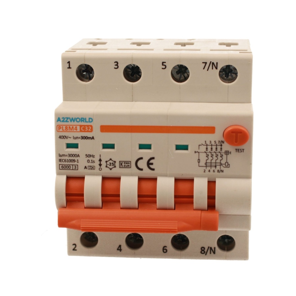 A2ZWORLD RCBO Interruttore Magnetotermico Differenziale Con Doppia Leva Tipo A Curva C 4P 4M 6000A 300mA, Diagnostica Visiva, C32A  AC 400V IP20 IEC61009-1 PL8M4 4P GB66632
