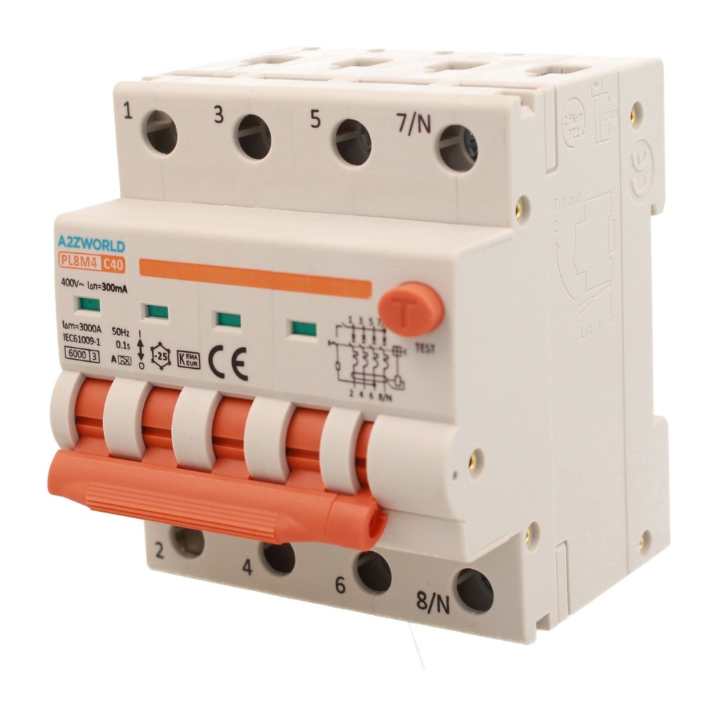 A2ZWORLD RCBO Interruttore Magnetotermico Differenziale Con Doppia Leva Tipo A Curva C 4P 4M 6000A 300mA, Diagnostica Visiva, C40A  AC 400V IP20 IEC61009-1 PL8M4 4P GB66640