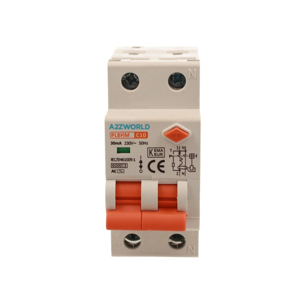 A2ZWORLD RCBO Doppia Leva, Interruttore Magnetotermico Differenziale Tipo AC Curva C 1P+N 2M 6000A 30mA C10A AC 230V IP20 IEC61009-1 PL8HM