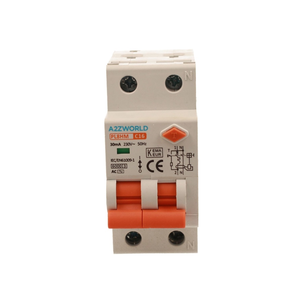 A2ZWORLD RCBO Doppia Leva, Interruttore Magnetotermico Differenziale Tipo AC Curva C 1P+N 2M 6000A 30mA C16A AC 230V IP20 IEC61009-1 PL8HM