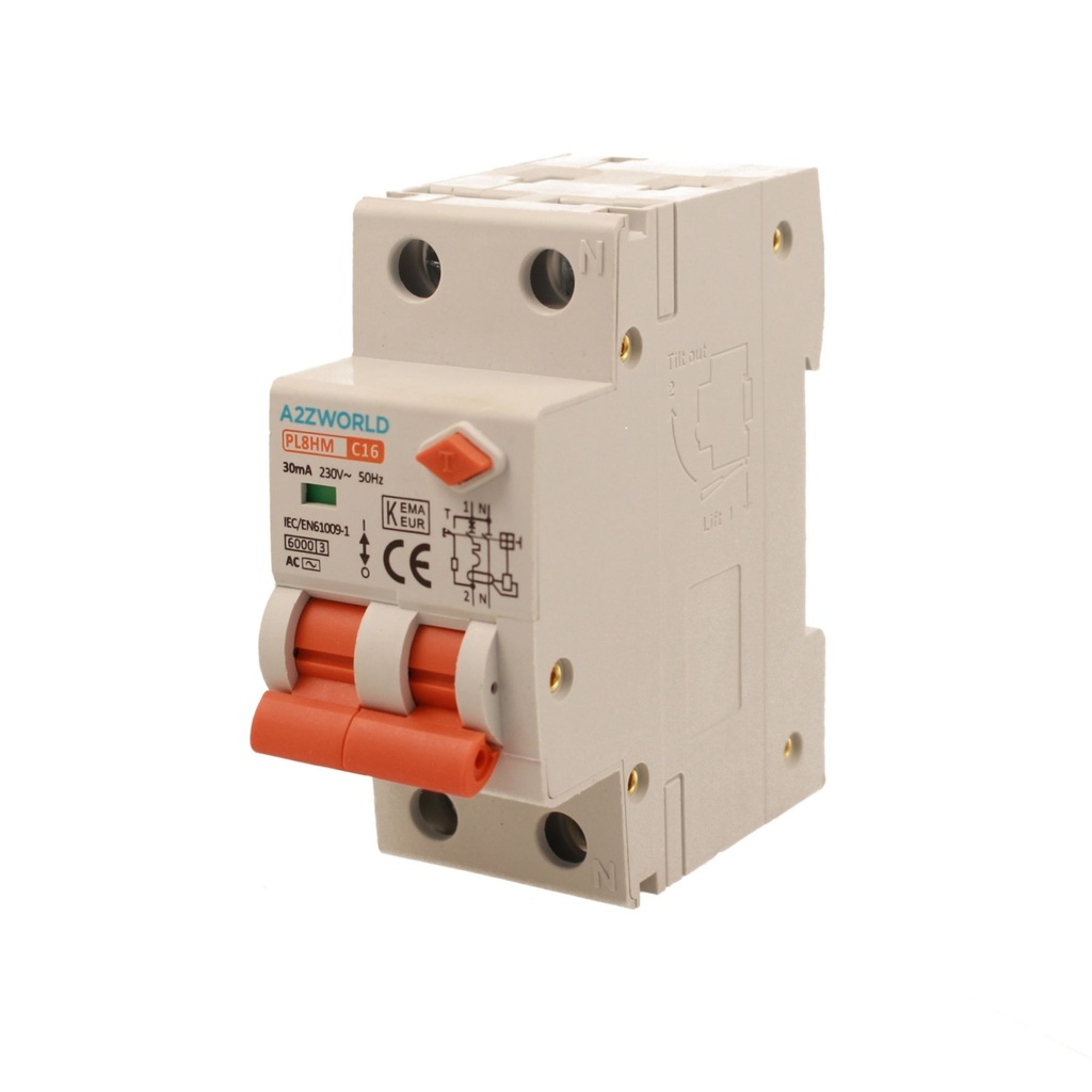 A2ZWORLD RCBO Doppia Leva, Interruttore Magnetotermico Differenziale Tipo AC Curva C 1P+N 2M 6000A 30mA C16A AC 230V IP20 IEC61009-1 PL8HM