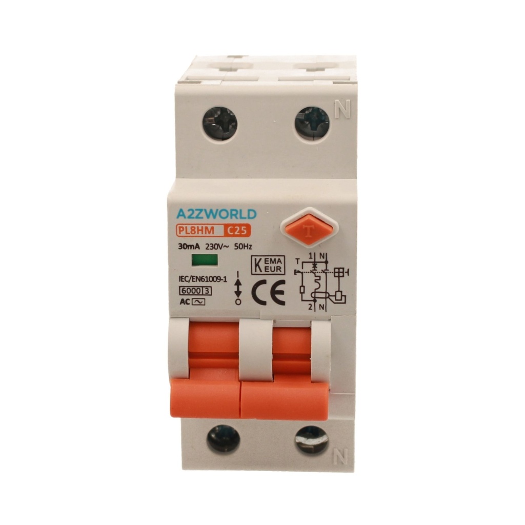 A2ZWORLD RCBO Doppia Leva, Interruttore Magnetotermico Differenziale Tipo AC Curva C 1P+N 2M 6000A 30mA C25A AC 230V IP20 IEC61009-1 PL8HM
