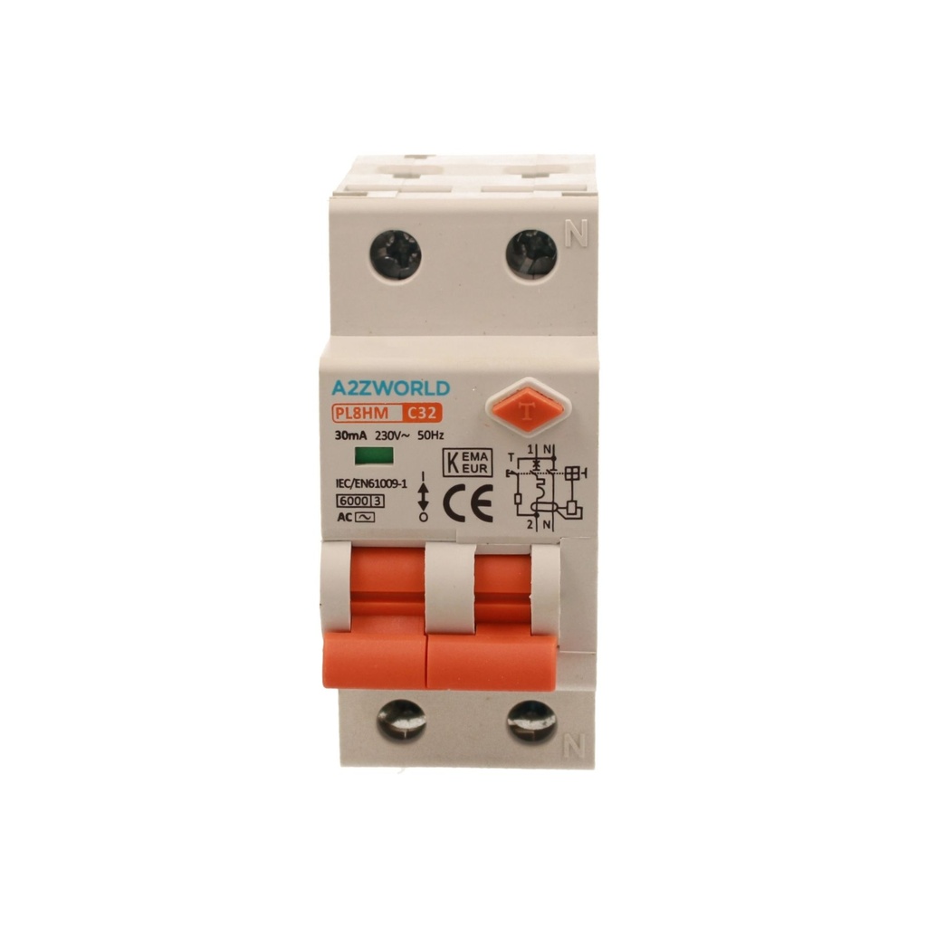 A2ZWORLD RCBO Doppia Leva, Interruttore Magnetotermico Differenziale Tipo AC Curva C 1P+N 2M 6000A 30mA C32A AC 230V IP20 IEC61009-1 PL8HM