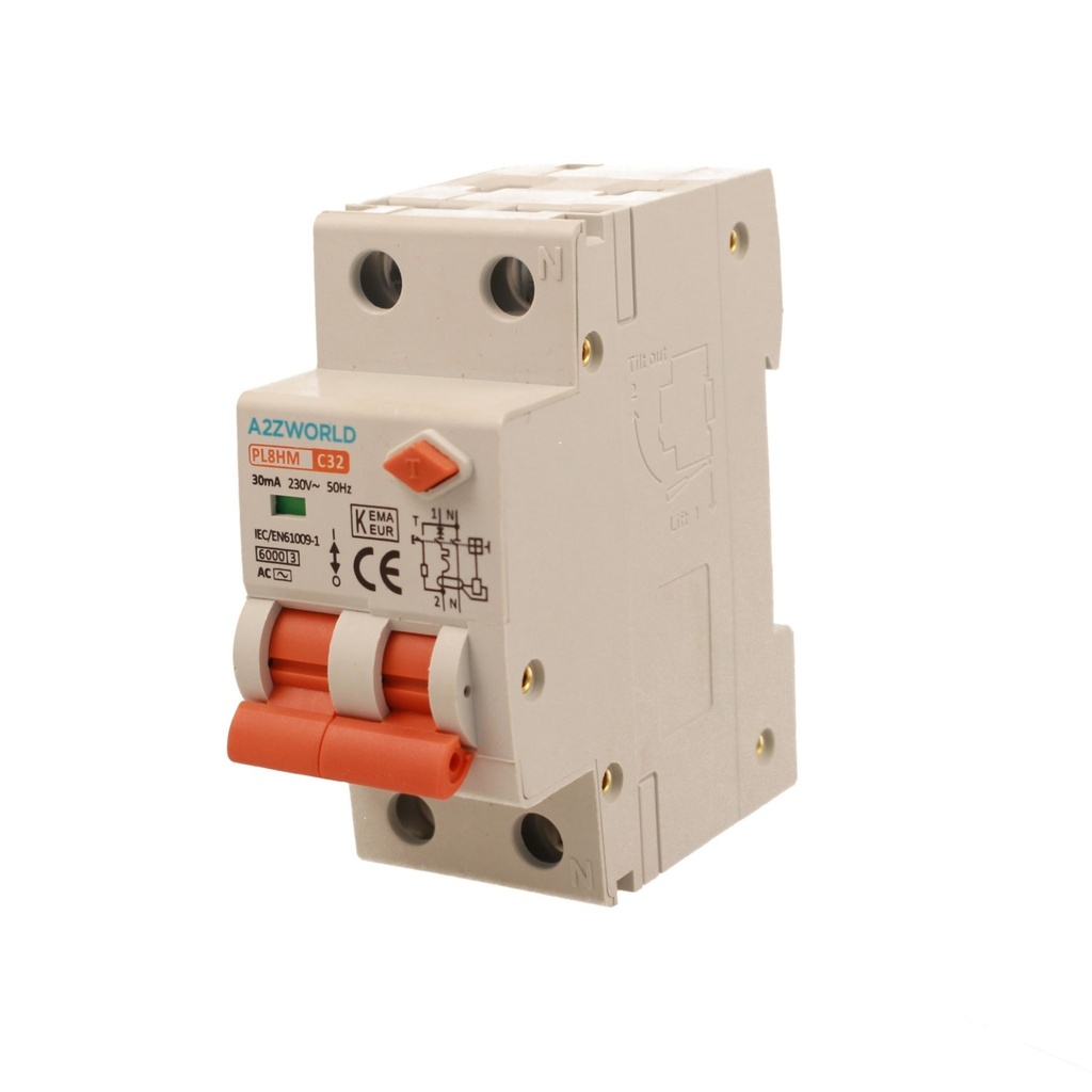 A2ZWORLD RCBO Doppia Leva, Interruttore Magnetotermico Differenziale Tipo AC Curva C 1P+N 2M 6000A 30mA C32A AC 230V IP20 IEC61009-1 PL8HM