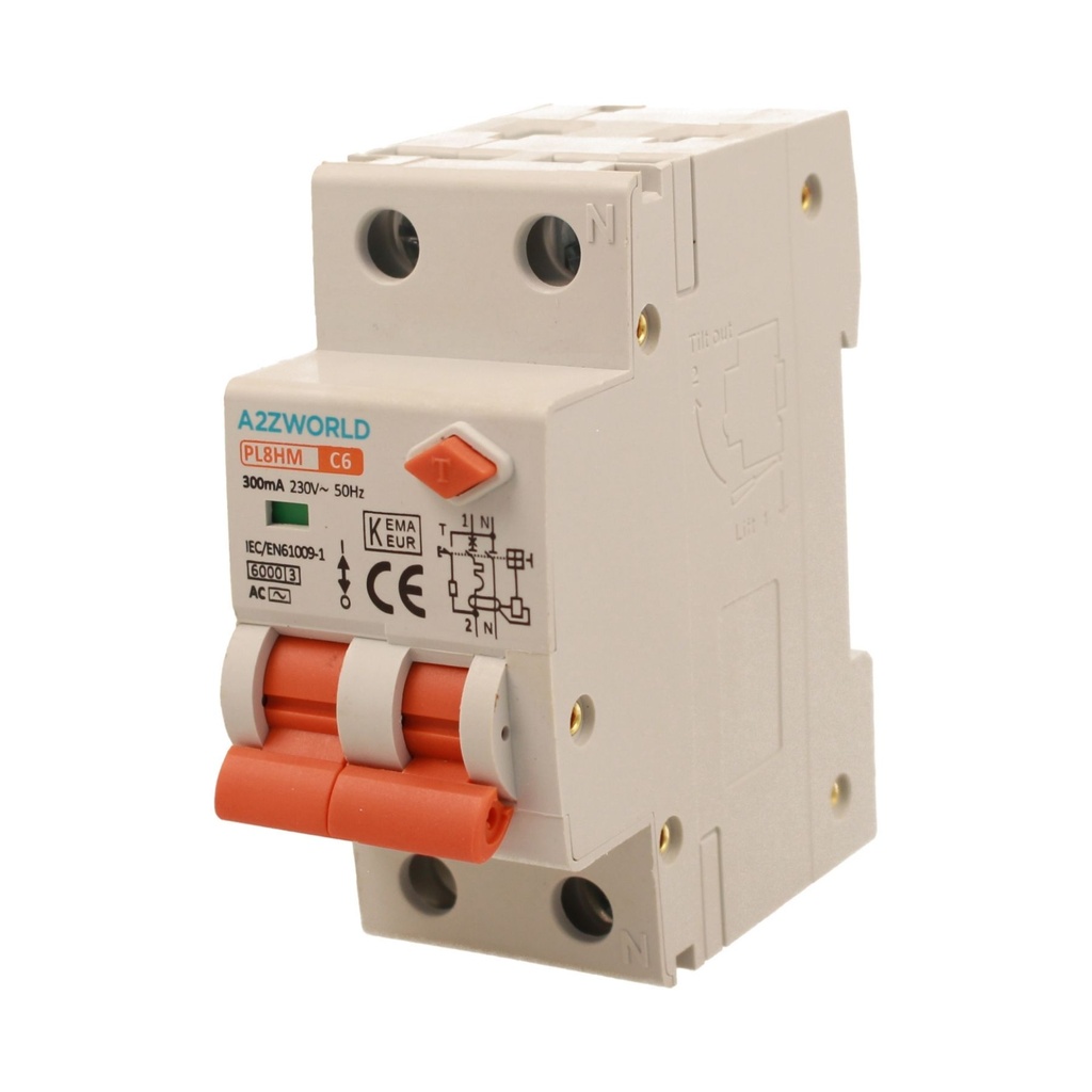 A2ZWORLD RCBO Doppia Leva, Interruttore Magnetotermico Differenziale Tipo AC Curva C 1P+N 2M 6000A 300mA C6A AC 230V IP20 IEC61009-1 PL8HM