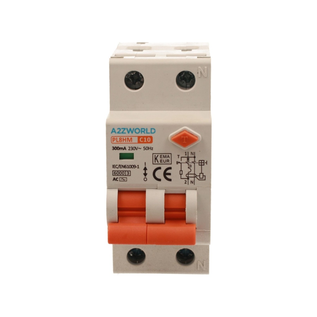 A2ZWORLD RCBO Doppia Leva, Interruttore Magnetotermico Differenziale Tipo AC Curva C 1P+N 2M 6000A 300mA C10A AC 230V IP20 IEC61009-1 PL8HM