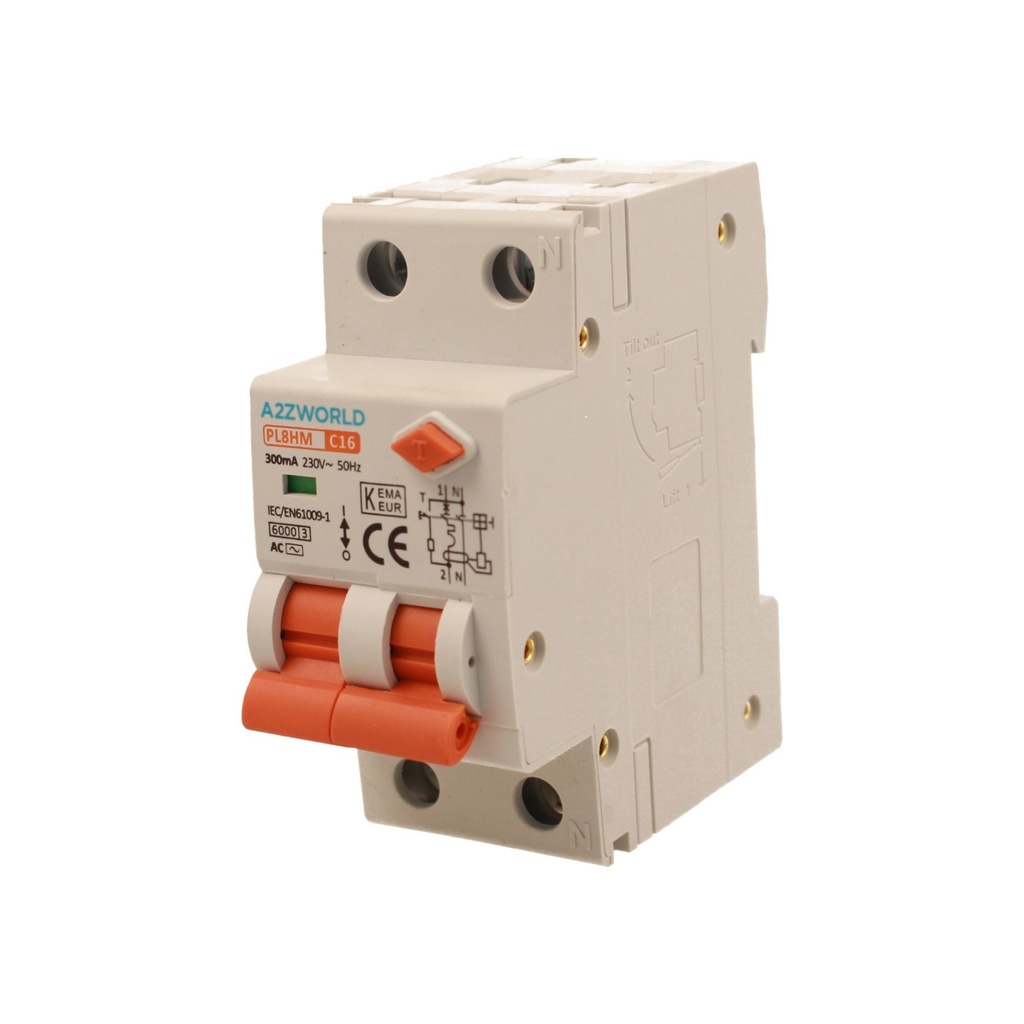 A2ZWORLD RCBO Doppia Leva, Interruttore Magnetotermico Differenziale Tipo AC Curva C 1P+N 2M 6000A 300mA C16A AC 230V IP20 IEC61009-1 PL8HM