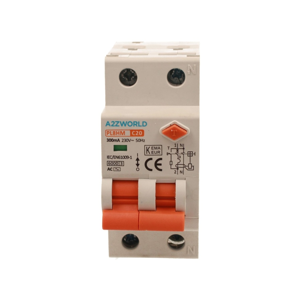 A2ZWORLD RCBO Doppia Leva, Interruttore Magnetotermico Differenziale Tipo AC Curva C 1P+N 2M 6000A 300mA C20A AC 230V IP20 IEC61009-1 PL8HM