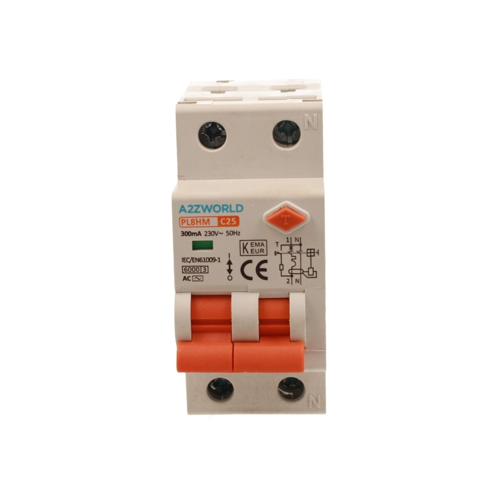 A2ZWORLD RCBO Doppia Leva, Interruttore Magnetotermico Differenziale Tipo AC Curva C 1P+N 2M 6000A 300mA C25A AC 230V IP20 IEC61009-1 PL8HM