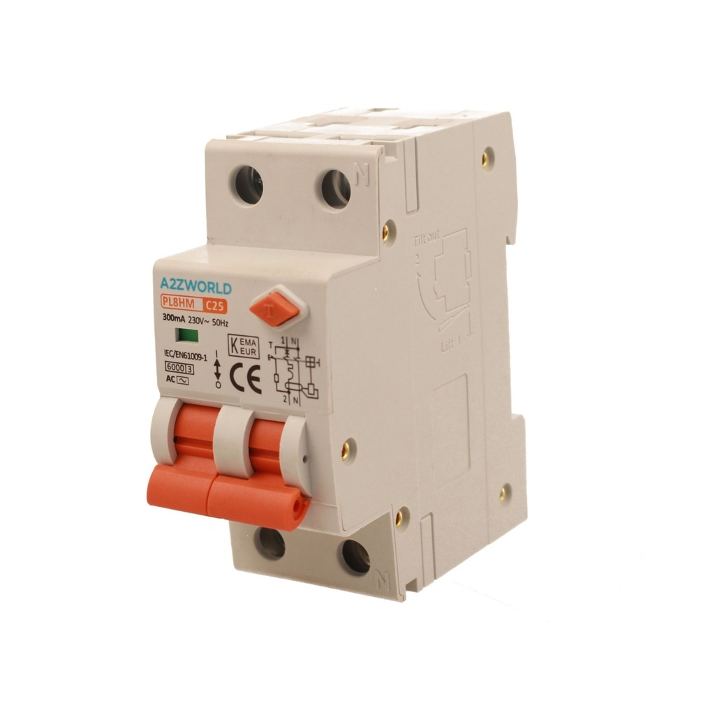A2ZWORLD RCBO Doppia Leva, Interruttore Magnetotermico Differenziale Tipo AC Curva C 1P+N 2M 6000A 300mA C25A AC 230V IP20 IEC61009-1 PL8HM