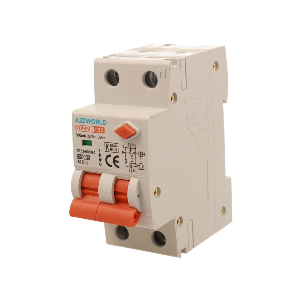 A2ZWORLD RCBO Doppia Leva, Interruttore Magnetotermico Differenziale Tipo AC Curva C 1P+N 2M 6000A 300mA C32A AC 230V IP20 IEC61009-1 PL8HM