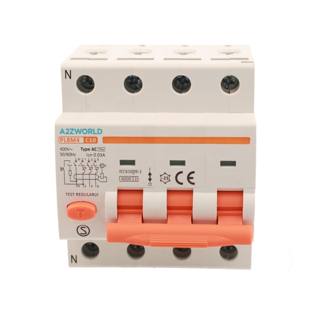A2ZWORLD RCBO Interruttore Magnetotermico Differenziale Tipo AC Curva C 3P+N 4M 6000A 30mA C10A AC 400V IP20 IEC61009-1 PL8M4