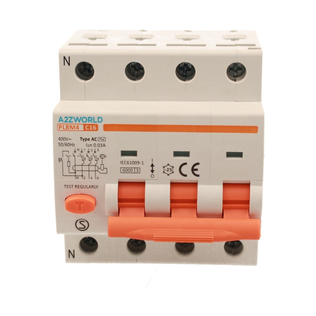 A2ZWORLD RCBO Interruttore Magnetotermico Differenziale Tipo AC Curva C 3P+N 4M 6000A 30mA C16A AC 400V IP20 IEC61009-1 PL8M4