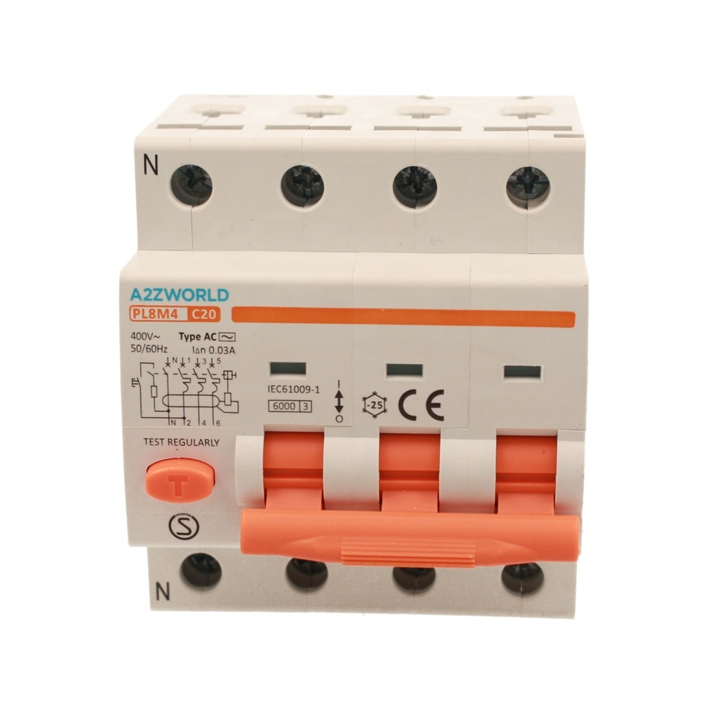 A2ZWORLD RCBO Interruttore Magnetotermico Differenziale Tipo AC Curva C 3P+N 4M 6000A 30mA C20A AC 400V IP20 IEC61009-1 PL8M4