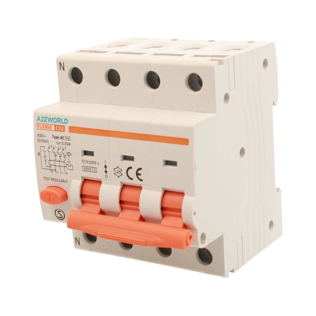 RCBO Interruttore Magnetotermico Differenziale Tipo AC Curva C 3P+N 4M 6000A 30mA C32A AC 400V IP20 IEC61009-1 PL8M4