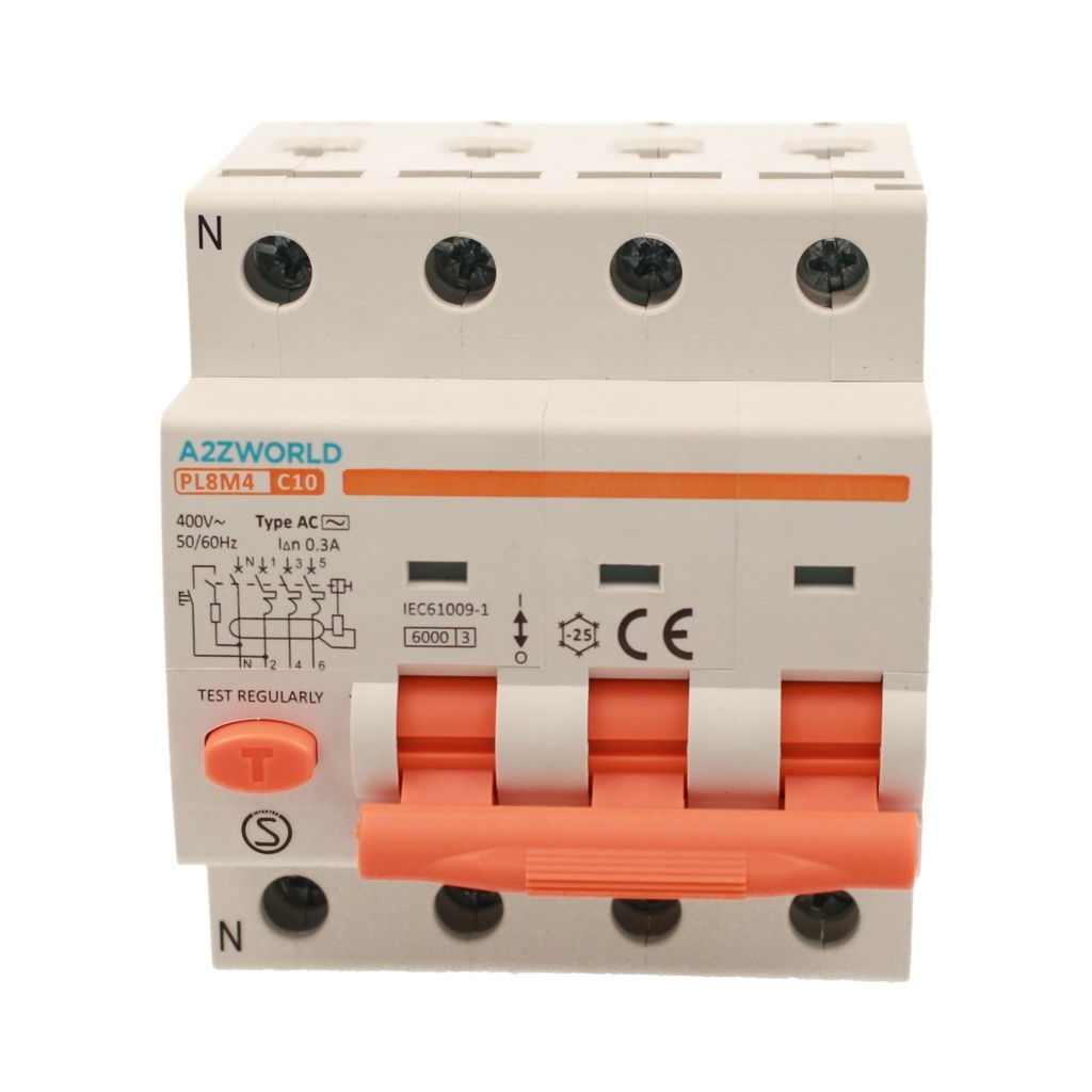 A2ZWORLD RCBO Interruttore Magnetotermico Differenziale Tipo AC Curva C 3P+N 4M 6000A 300mA C10A AC 400V IP20 IEC61009-1 PL8M4