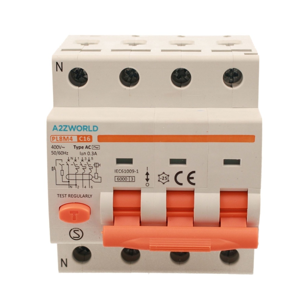 A2ZWORLD RCBO Interruttore Magnetotermico Differenziale Tipo AC Curva C 3P+N 4M 6000A 300mA C16A AC 400V IP20 IEC61009-1 PL8M4