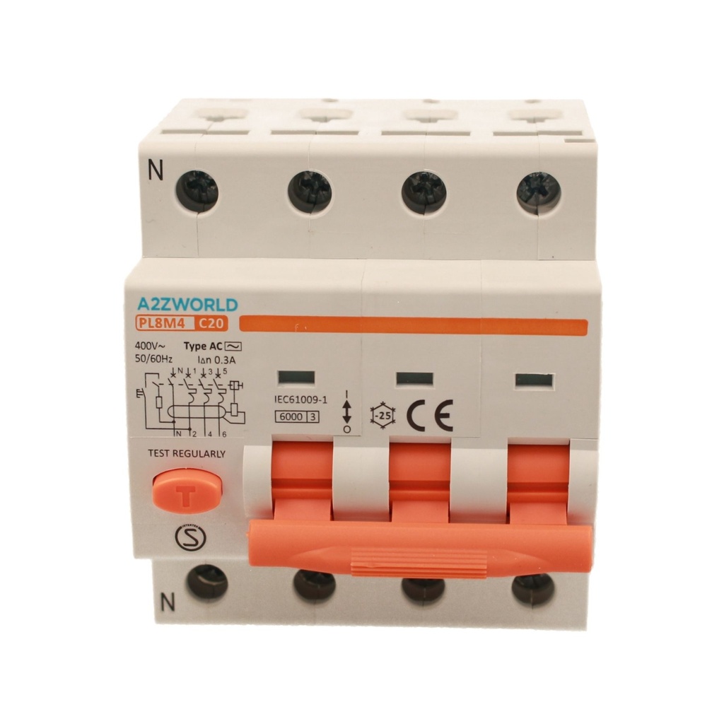 A2ZWORLD RCBO Interruttore Magnetotermico Differenziale Tipo AC Curva C 3P+N 4M 6000A 300mA C20A AC 400V IP20 IEC61009-1 PL8M4