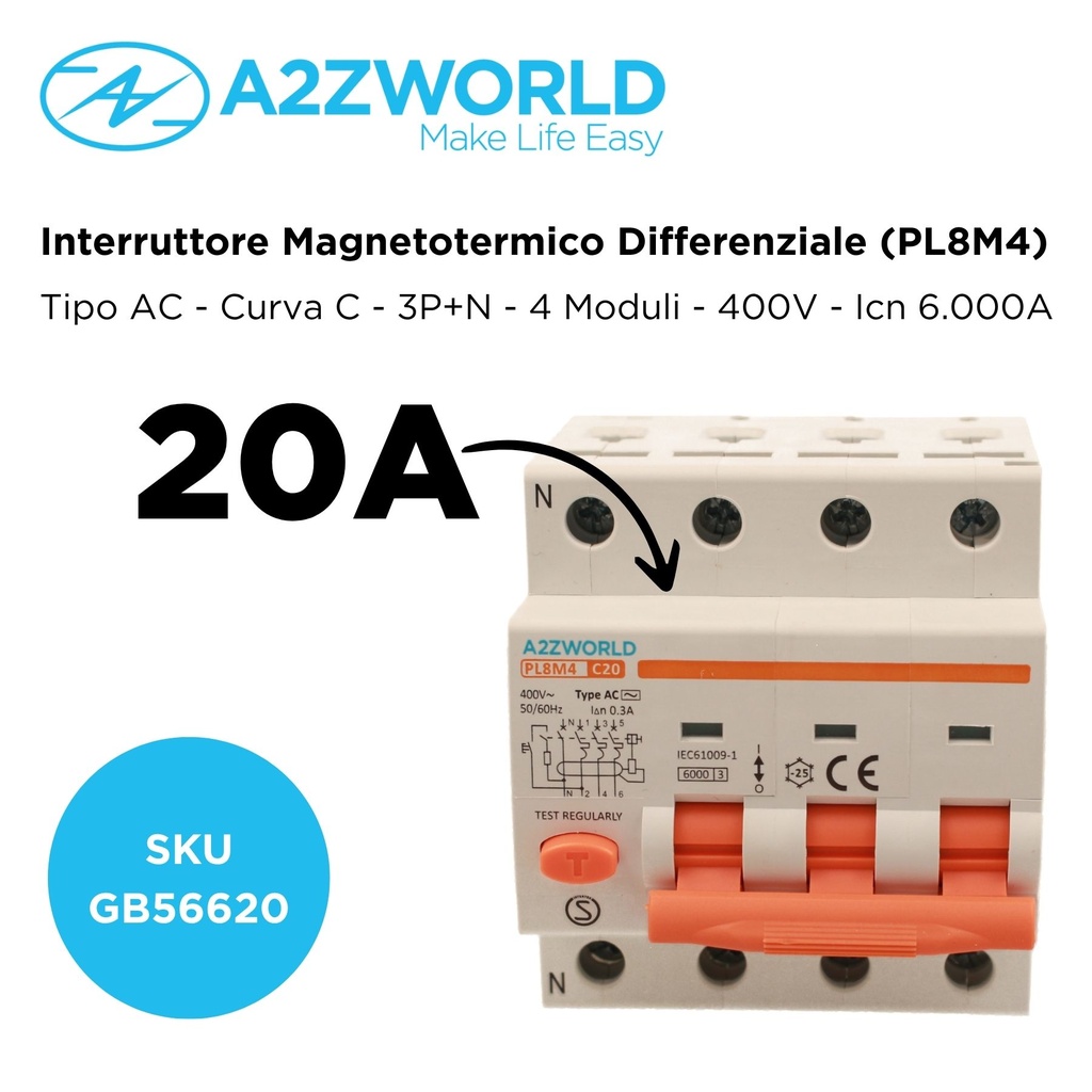 RCBO Interruttore Magnetotermico Differenziale Tipo AC Curva C 3P+N 4M 6000A 300mA C20A AC 400V IP20 IEC61009-1 PL8M4